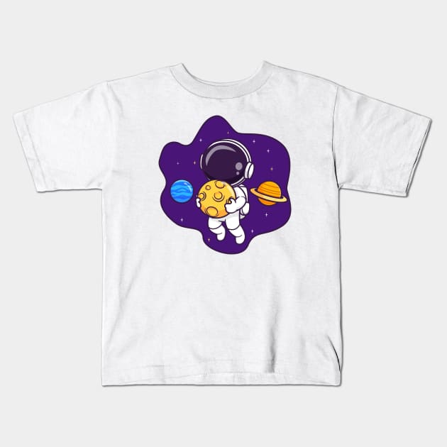 Cute Astronaut Floating In Space With Planet And Holding  Moon Cartoon Kids T-Shirt by Catalyst Labs